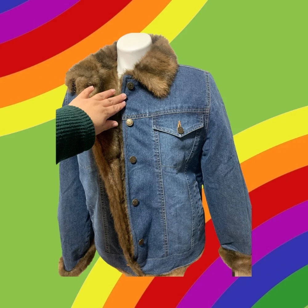 Vintage Marvin Richards Denim Jean Jacket Faux Fur - Picture 2 of 8